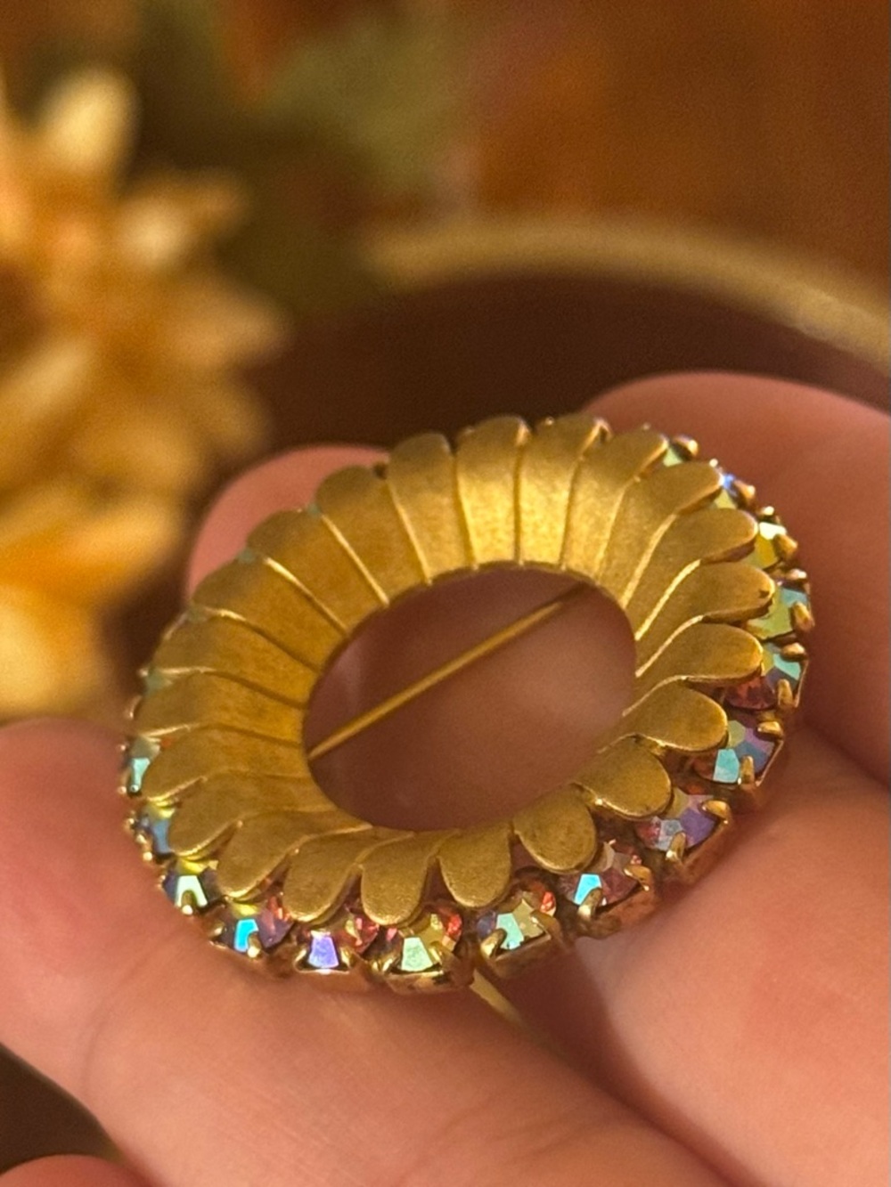 Gold-Tone Circular AB Crystal Accent Brooch